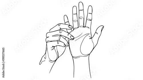 Line art illustration of two open hands reaching out in minimalist black and white sketch style