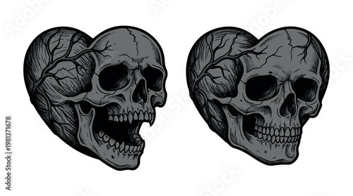 Detailed 3D illustration of two expressive skulls in profile facing each other, dark dramatic mood, anatomical art concept
