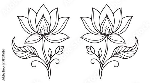 Elegant black and white line art of two blooming lotus flowers on tansparent background