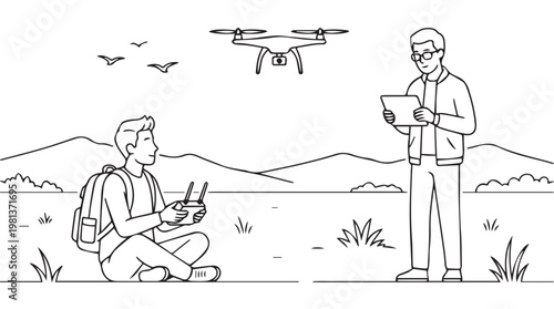 man teaching drone flying to student in outdoor field with sketchbook and remote control