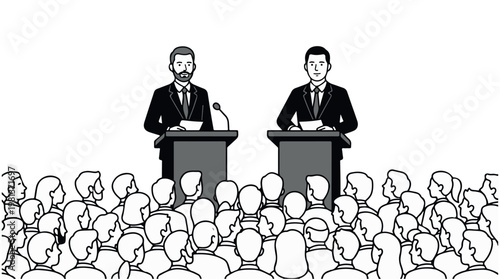 Two business professionals debating at podiums with large audience illustration in flat design