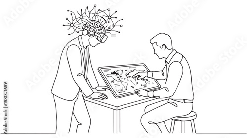 Two professionals brainstorming ideas on blueprint with creative sketches in bright office