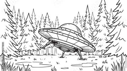 Black and white illustration of UFO landing in snowy forest with tall pine trees at night