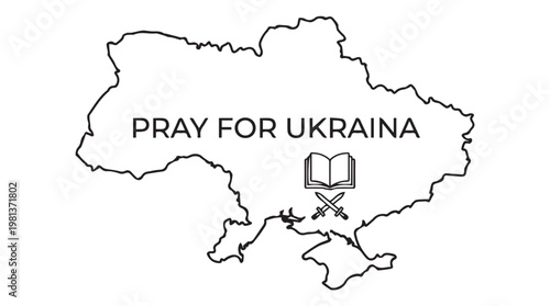 Pray for Ukraine concept with open book and map outline in black and white minimalist design
