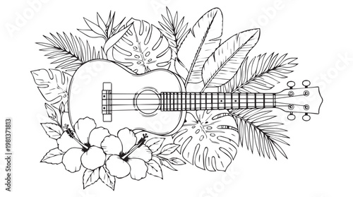 Hand drawn vintage ukulele illustration with tropical palm leaves and plumeria flowers frame