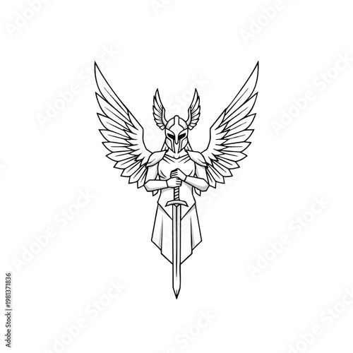 Fantasy Warrior with Wings and Sword Illustration for Creative Design