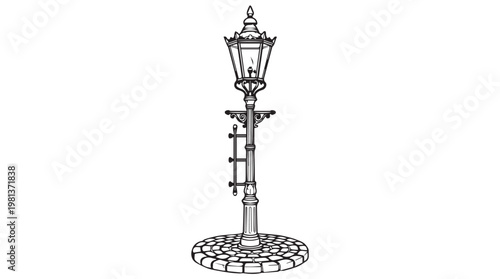 Vintage black Victorian street lamp post isolated on tansparent background, classic urban lighting design