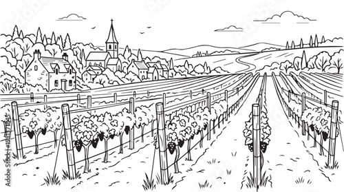 Snow covered vineyard rows in winter with village and church in background, serene rural landscape illustration