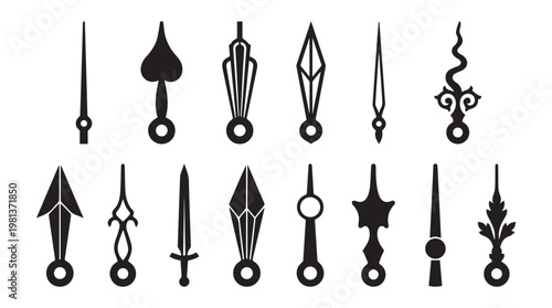 Set of vintage ornamental clock hands and decorative flourishes in black and white minimalist design