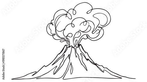 hand drawn black and white volcano eruption with swirling smoke isolated on tansparent background