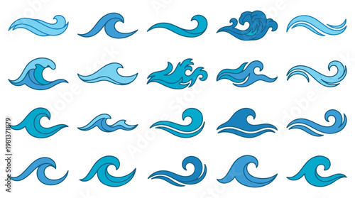 Set of 15 hand drawn ocean wave icons in teal and blue minimalist line art style for design elements