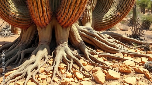 sunbleached. Massive, exposed root system of a cactus sprawling over sun-bleached desert rocks. gardening catalogs, home-decor guides, designed for home decor and floral branding.