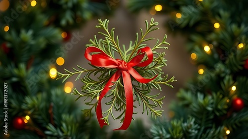 parasite. Mistletoe bundle with red ribbon in Christmas wreath, warm festive lighting. event programs, museum guides, designed for cultural heritage projects and event programs, used by professors.