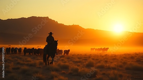 unanimity. A lone rider herds cattle across a vast desert ranch at dusk. wildlife magazines, conservation campaigns, designed for nature documentaries and education, celebrates biodiversity.