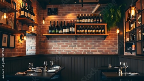 subjugating. Cozy Italian restaurant interior with exposed brick and warm lighting. real-estate listings, architecture portfolios, designed for real-estate listing and luxury residence showcases.