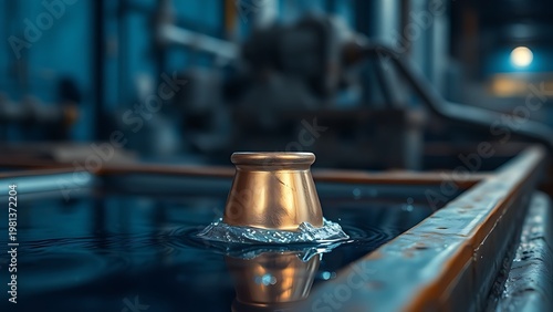 electrolytic. A copper part emerging from a blue electrolytic bath in an industrial setting. safety posters, maintenance manuals, designed for precision metalworking and fabrication facilities.