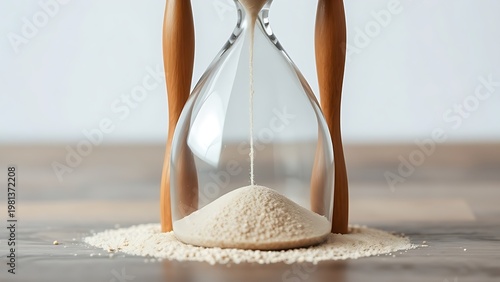 imperceptible. Hourglass with fine sand flowing slowly, time-lapse effect, minimalist still life. wellbeing guides, coaching materials, designed for mental health education and mindfulness programs.