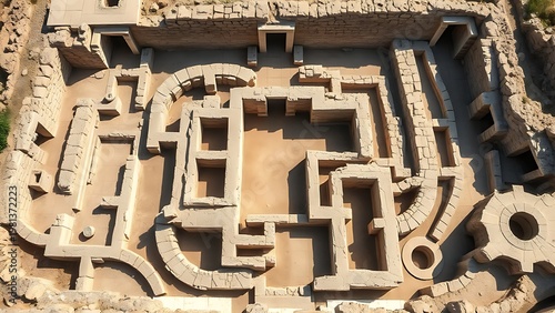 knossos. Aerial view of Knossos palace ruins, labyrinthine stone foundations. travel magazines, destination branding, designed for travel destination branding and outdoor magazines and nature guides.