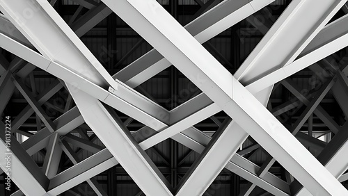 disequilibrium. Structural lattice of intersecting steel I-beams forming a repeating geometric pattern. real-estate listings.