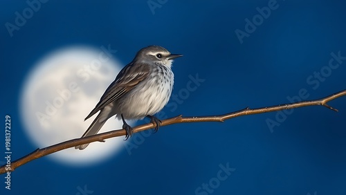 stanza. A nightingale resting on a branch under the moonlight in a serene blue night. wildlife magazines, conservation campaigns, designed for wildlife conservation campaigns.