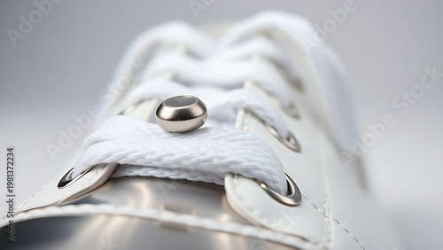 aglet. Close-up of a metal aglet on a new white shoelace. product launch decks, UI/UX mockups, designed for data visualization dashboards and holographic UIs, used by motion designers.