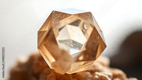 condoning. A naturally formed icosahedral crystal mineral, refracting geometric light in soft natural lighting against a clean background. STEM education sheets.
