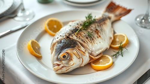 turbot. A cooked whole turbot on a white porcelain plate with lemon slices and fresh herbs. menu design, packaging mockups, designed for culinary blogs and recipe cards for restaurants.