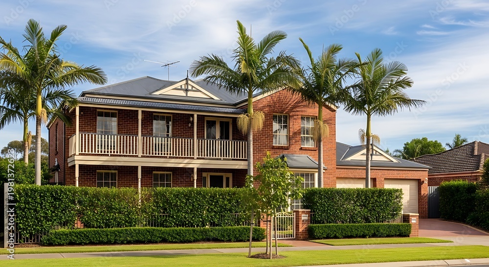 Fototapeta premium Two-story brick house with a balcony, palm trees, hedges, and a green lawn under a blue sky