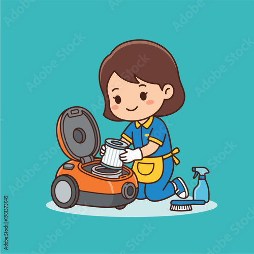 Woman cleaning vacuum cleaner.