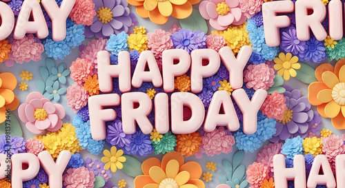 Colorful 'happy friday' message with floral background festive and bright
