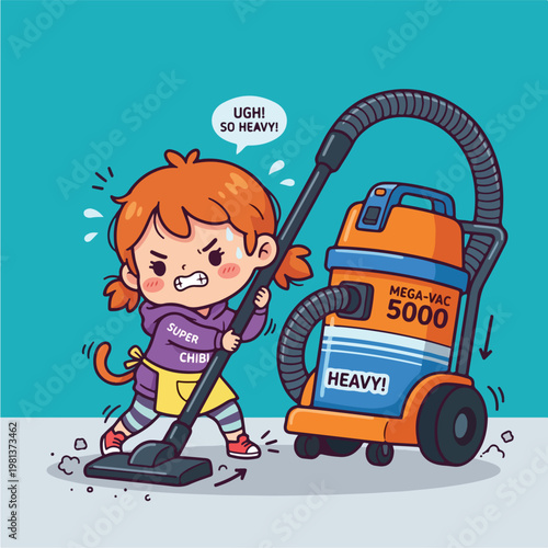 Little Girl Struggling with Vacuum.