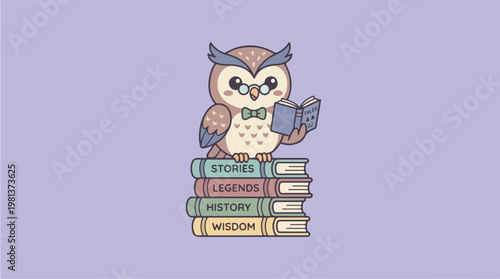 Owl sitting on stack books 1.