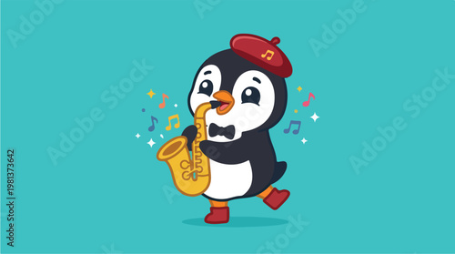Penguin playing a saxophone happily.