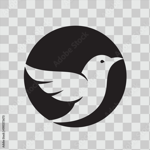 Circular black and white dove icon isolated on a transparent background.