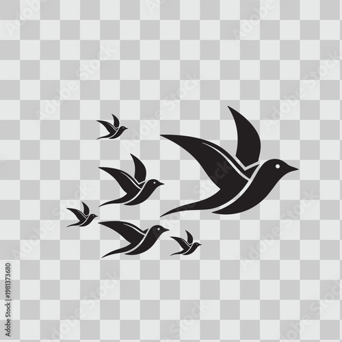 Flock of swallows flying in unison, symbolizing freedom, migration, and nature's grace against a backdrop.