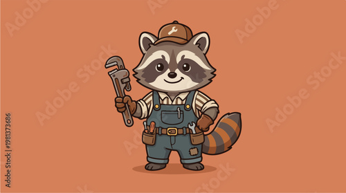 Raccoon in overalls holding tool.