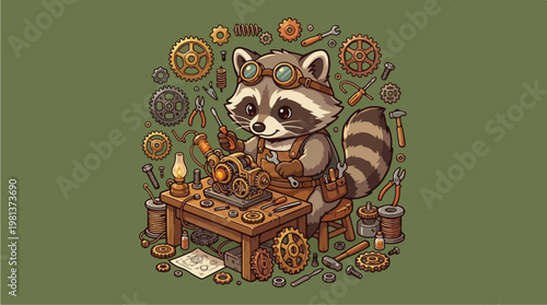 Raccoon in workshop with tools.
