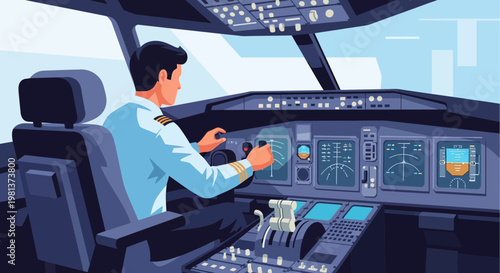 Male pilot flying commercial airplane from cockpit illustration