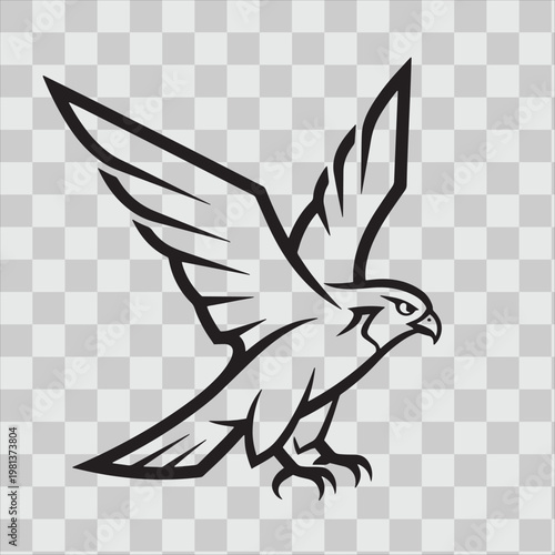 Stylized falcon bird silhouette in flight, powerful predator with open wings, bold graphic emblem.
