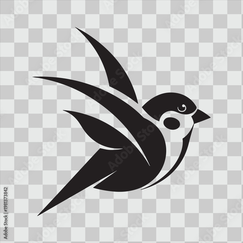 Abstract black sparrow bird graphic, stylized wings spread, modern minimalistic design.