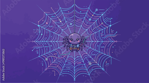 Spider in purple web closeup.