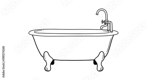 A simple black and white line drawing depicts a classic clawfoot bathtub with a faucet