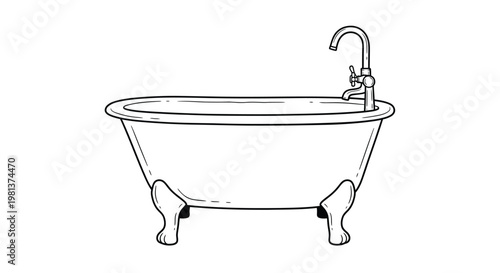 A simple black and white line drawing depicts a classic clawfoot bathtub with a faucet