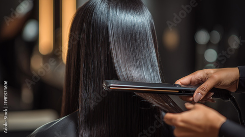 Hairdresser using flat iron to straighten long hair in salon, highlighting beauty care, styling process, and professional hair treatment.