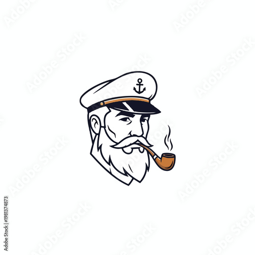 Stylish nautical themed illustration of a bearded sailor with a pipe and captain s hat