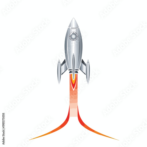 Futuristic Silver Rocket Launch with Flame and Smoke
