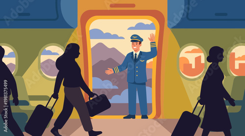 Pilot Welcoming Passengers Inside Airplane Cabin Illustration