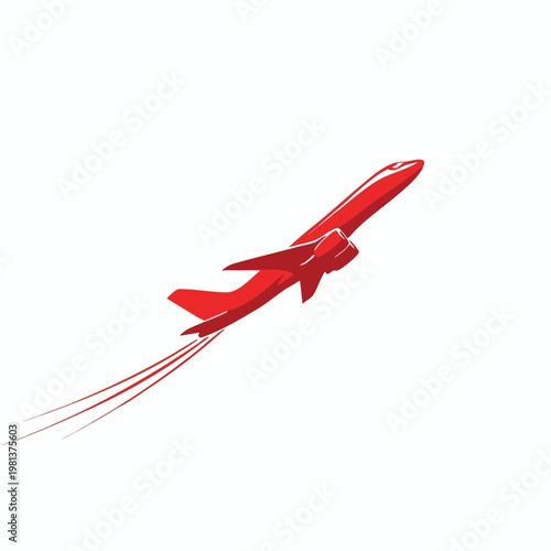 Modern Red Jet Airplane in Flight Against Clear White Sky