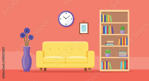 A cheerfully decorated living room features a yellow sofa bookshelf clock and floral arrangement