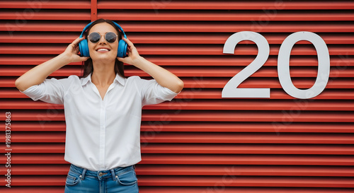 A woman wearing headphones and smiling